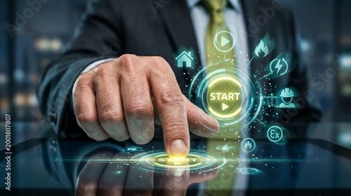Start Button Ignition: A decisive finger presses the glowing START button, surrounded by innovative icons, symbolizing the beginning of a transformative journey.