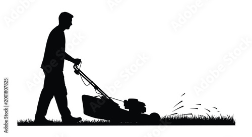 man pushing lawn mower silhouette on white background