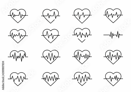 Collection of heart icons with electrocardiogram heartbeat lines, representing health, medicine, and cardio monitoring in a simple line art style.