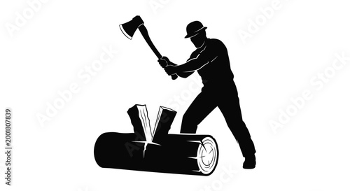 lumberjack silhouette with axe and log on white background