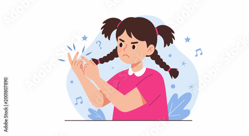 Frustrated young girl with pigtails counting on her fingers, showing difficulty with math or learning in a flat vector illustration style.