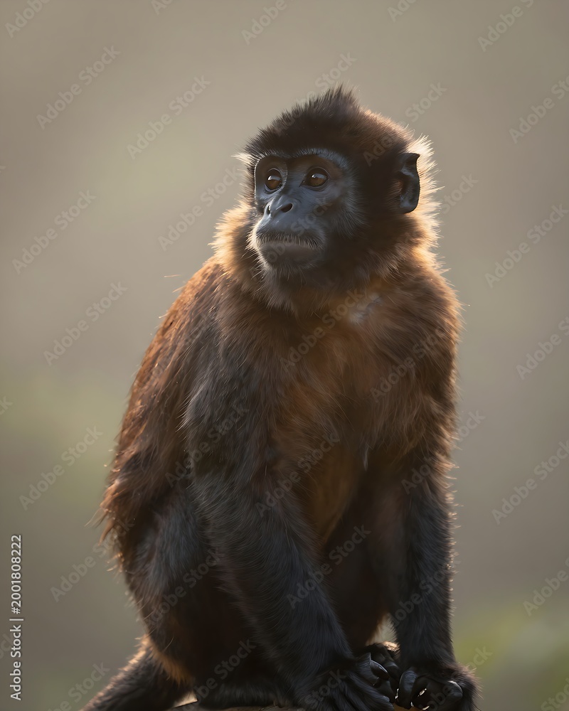 Obraz premium Night monkey sitting in soft golden light at dawn