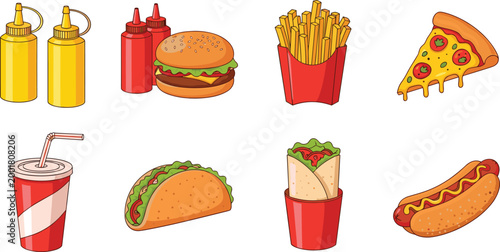 Fast Food Icons Set with Burger Fries Pizza Taco Wrap Hotdog Soda Sauces and Street Food Snacks Vector Illustration for Menu Design.