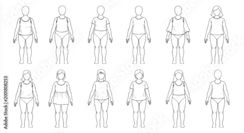 Minimalist female body shape line art icons, set of 12 curvy woman figure silhouettes, plus size fashion technical drawing vector templates