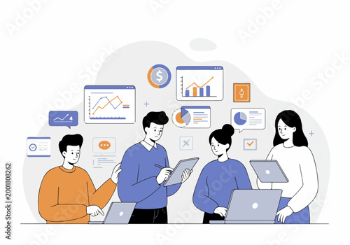 Business Team Collaborating on Data Analysis and Financial Strategy Planning with Digital Devices in a Flat Vector Illustration Style