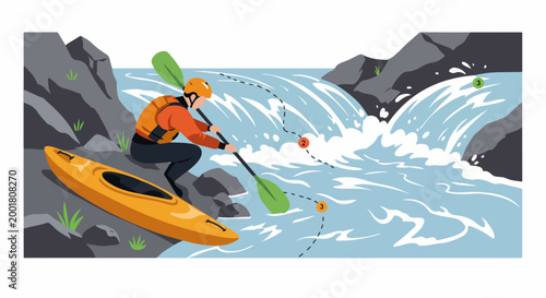 Vector illustration of a kayaker planning a route through river rapids and waterfalls, featuring a scouting path infographic.