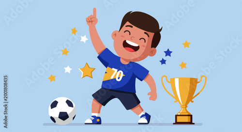 Cartoon illustration of a joyful young boy soccer player celebrating a championship victory with a golden trophy and a soccer ball.