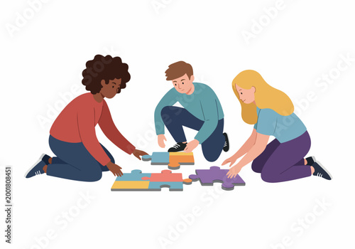 Diverse multiethnic group of people working together to solve a large jigsaw puzzle, representing teamwork, collaboration, and collective problem-solving.
