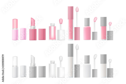 Cosmetic nude pink lipgloss makeup clear glass bottles with brush lid mockup set isolated, transparent background, lip oil, lipstick 3d tube, lip balm, lip tint different shape beauty packaging.