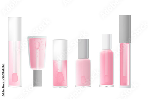 Cosmetic nude pink lipgloss makeup clear glass bottles with brush lid mockup set isolated, transparent background, lip oil, lipstick 3d tube, lip balm, lip tint different shape beauty packaging.