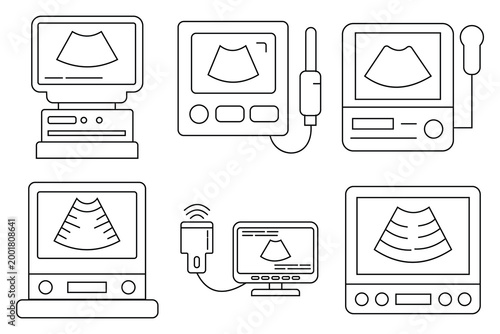 Ultrasound machine icons set. Includes Ultrasound, Hospital, Machine, Equipment, and More. Solid icons vector collection. Some of the icons include a stethoscope, a blood pressure monitor, and a heart