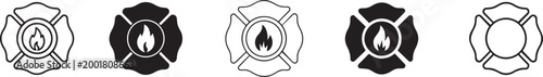Firefighter badge icon set outline and solid vector fire department emblem with flame symbol