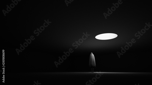 Hooded Ghost Floating Phantom Spirit Apparition in Vast Dark Empty Room with Dramatic Circular Overhead Light Eerie Minimalist Atmosphere 3D Illustration