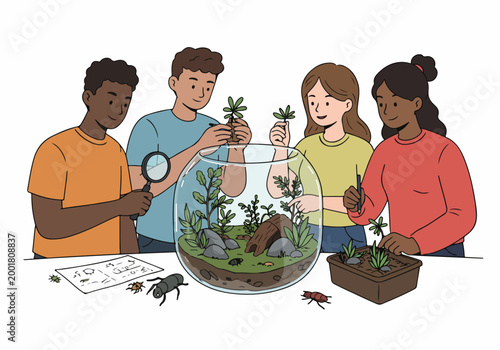 Group of diverse children working together on a terrarium science project, observing plants and insects with curiosity and teamwork.