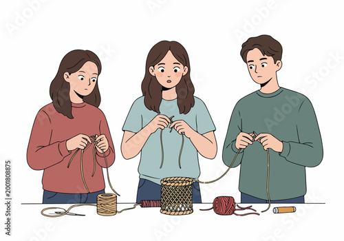 Three Young People Focused on a Crafting Workshop, Learning to Weave with Rope and Yarn.