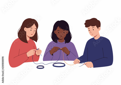 A group of diverse young friends engaged in a creative workshop, focused on making handmade beaded bracelets at a table.