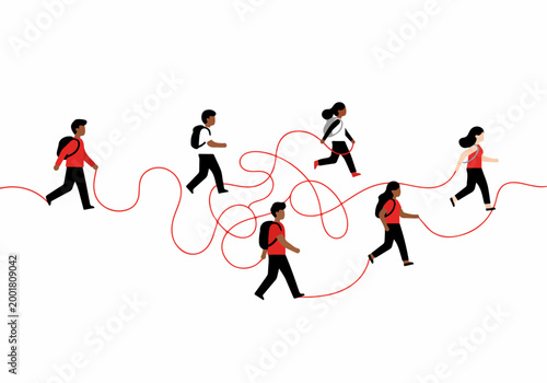 Conceptual illustration of diverse people connected by a tangled red line, representing complex social networks, shared journeys, and human interconnection.