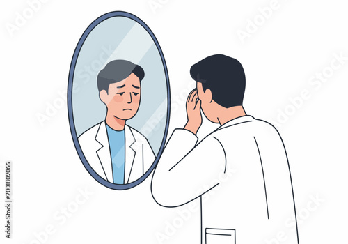 Exhausted male doctor or scientist looking at his sad reflection in a mirror, representing professional burnout and mental health struggles.