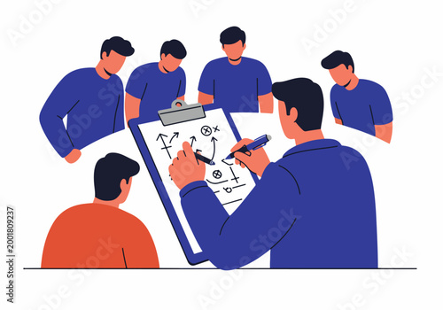 A coach explaining a game strategy or tactical plan to his sports team using a clipboard in a flat vector illustration style.
