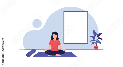 Cuadro en lienzo A young woman performs a peaceful meditation session on her yoga mat in a bright room featuring a houseplant and a large blank poster