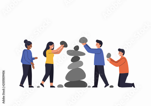 A diverse team of people collaborating to stack stones, symbolizing teamwork, balance, stability, and collective effort towards a common goal.