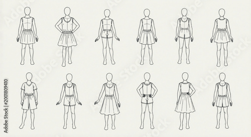 Fashion technical drawing set of 12 female mannequin silhouettes, apparel design flat sketches for clothing production, garment outline vector templates