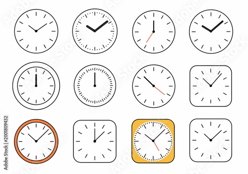 Collection of twelve minimalist clock face icons featuring various circular and square designs, different hand styles, and time settings for graphic design projects.