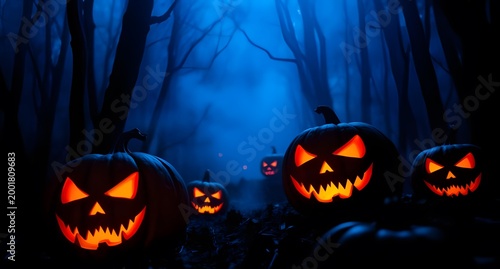 Sinister carved pumpkins glowing in a dark haunted forest, surrounded by blue mist and mysterious lighting for a chilling Halloween vibe.