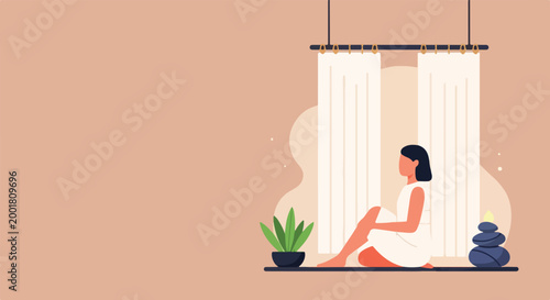 Photography A woman sits peacefully in a spa setting featuring zen stones and a potted plant, evoking a sense of calm and wellness