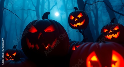 Sinister jack-o'-lanterns glowing in a foggy forest with blue ambient lighting, creating a chilling Halloween atmosphere.