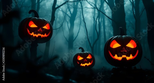 A spooky pair of glowing pumpkins in a haunted forest with fog and cinematic lighting, perfect for Halloween content.