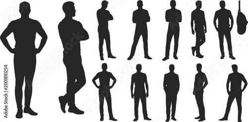Collection of human silhouettes in standing poses with punching bag, posture reference, design template, minimal illustration, white background art