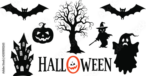 Halloween Silhouette Collection with Haunted House, Ghost, and Spooky Tree