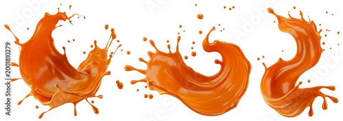 Set of caramel splashes isolated on a white background. 3D render