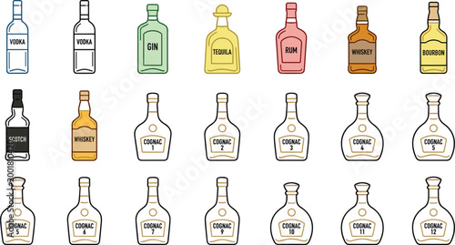 Alcohol bottles collection with vodka gin tequila rum whiskey and cognac representing spirits beverage industry bar menu and drink varieties set