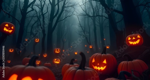 A haunting Halloween forest filled with glowing jack-o'-lanterns and mysterious lights, perfect for spooky visual storytelling.