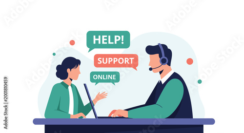 Professional male consultant with a headset assists a female client with support and help services on a laptop at a desk.