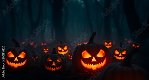 Two glowing jack-o'-lanterns in a foggy forest with cinematic lighting and eerie atmosphere, perfect for Halloween themes and horror backgrounds.