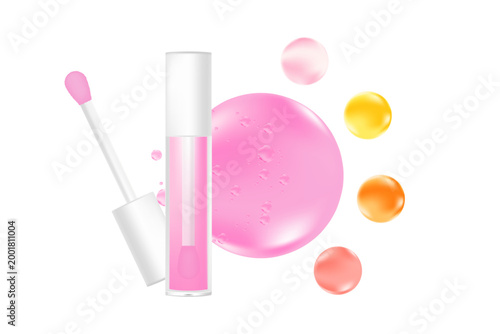 Cosmetic lip gloss or oil mockup isolated, transparent background, moisturizing pink glaze liquid lipstick 3d plastic tube vector packaging, open bottle, white cap, brush cup. Beauty treatment.