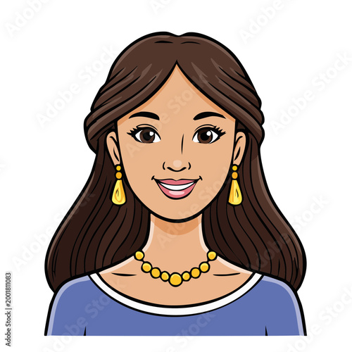 Smiling Woman with Long Brown Hair Adorned with Earrings and Necklace