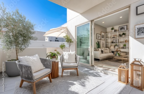 Modern Balcony with Comfortable Seating and Interior View.