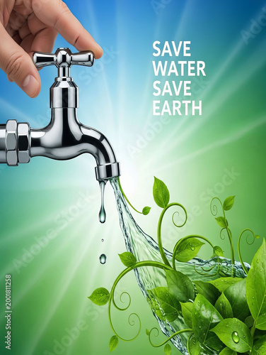 Hand turning off dripping water faucet with green plants