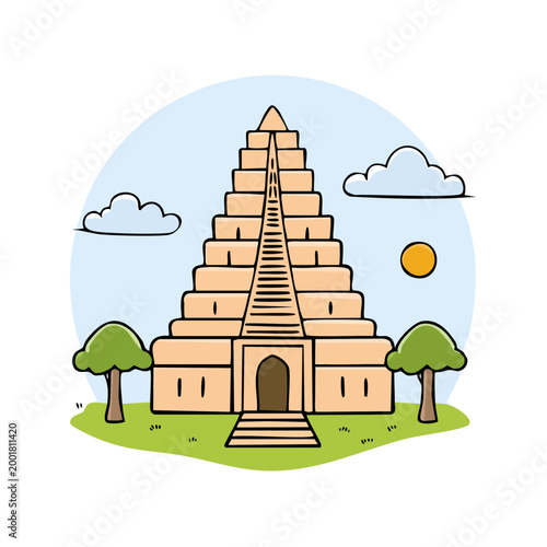 Hand drawn illustration of a stepped pyramid ancient structure with trees and sun
