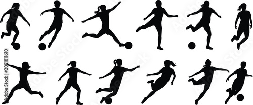 Silhouettes of soccer players in action, kicking, dribbling, running, dynamic sports motion, athletic energy, minimal design, white background illustration