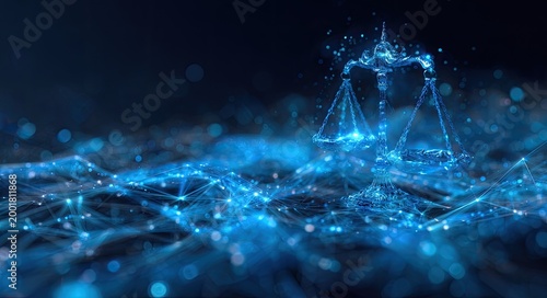 Abstract Digital Scales of Justice Representing Legal Technology and AI.