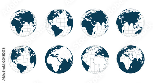 Series of eight blue and white globes showing the planet Earth from many different angles and geographical perspectives.