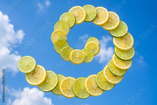 Creative spiral made of lemon and lime slices floating against a bright blue sky with soft clouds. Fresh summer citrus concept for wellness, food, detox, beverage, and advertising themes.