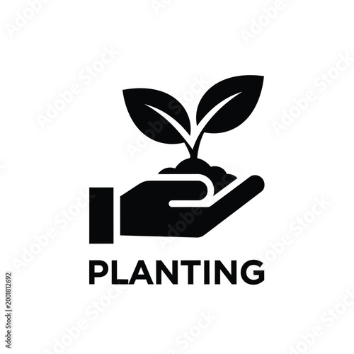 hand holding seedling icon with text planting black silhouette on white background high quality professional detailed modern elegant stylish clean