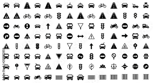 Collection of various traffic and road signs icons.