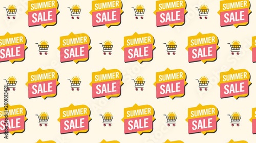 Shopping Cart and Sun Icon Seamless Pattern Background, summer shopping and retail campaign concept